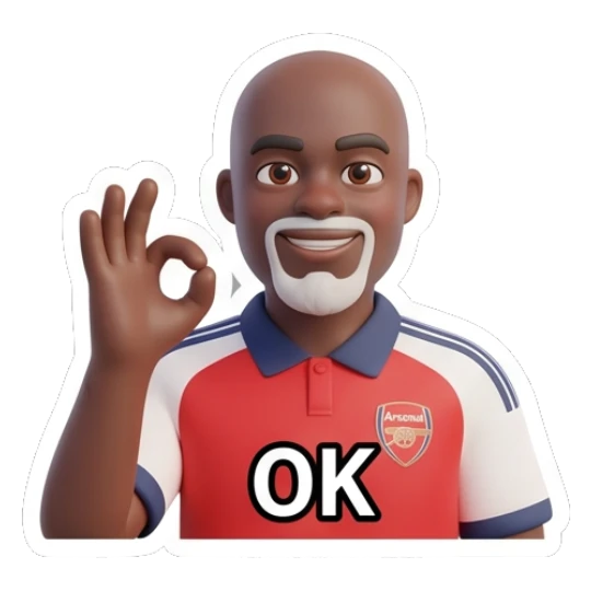 Middle-aged man in Arsenal jersey making OK gesture with text OK Arsenal Fan Emotions sticker for expressive chats and social replies.