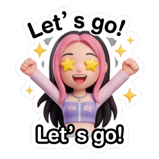 Excited girl with star eyes cheering and text Let's go Pink-Haired Trendy Girl sticker for expressive chats and social replies.