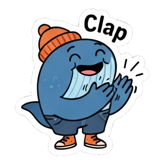 Cheerful blue whale clapping hands and Clap text Cool Blue Whale Vibes sticker for expressive chats and social replies.