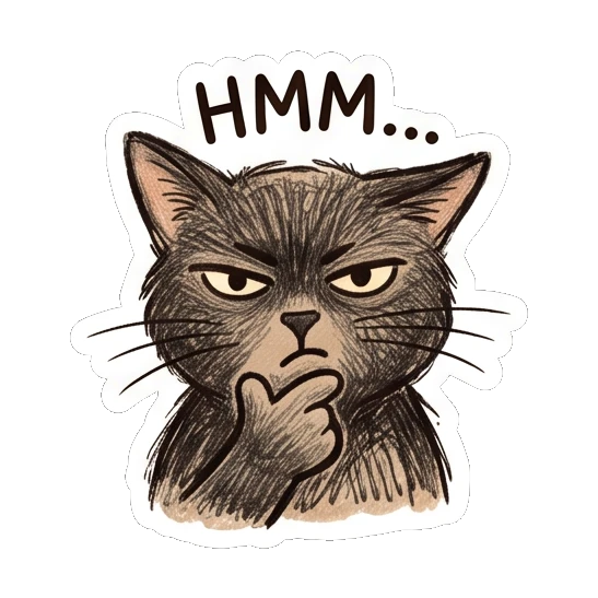 Thoughtful black cat with hand on chin and HMM text Charcoal Sketch Kitties sticker for expressive chats and social replies.