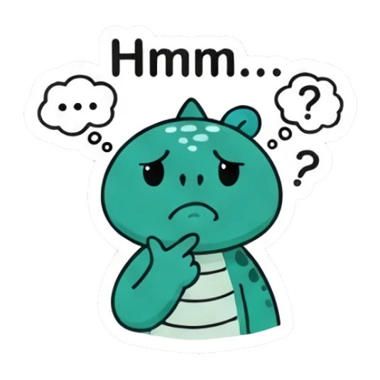 Pensive green dinosaur thinking with a bubble and text Hmm... Dino Pop Expressions sticker for expressive chats and social replies.
