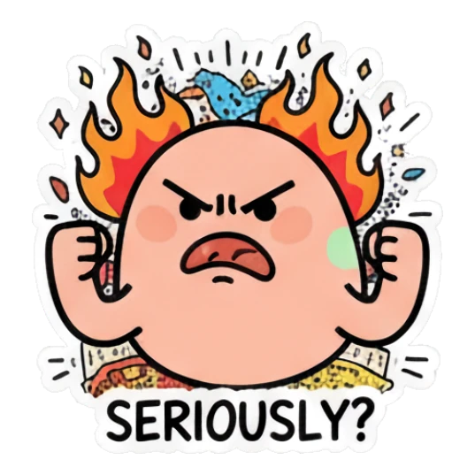 Doodle egg looking angry with flames erupting from head, text SERIOUSLY? Doodle Egg Adventures sticker for expressive chats and social replies.