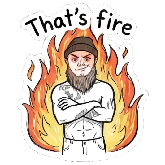 Bearded man standing in front of fire with arms crossed Bearded Guy Moods sticker for expressive chats and social replies.