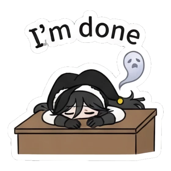 Jester girl resting head on desk with 'I'm done' text Jester Girl Daily Moods sticker for expressive chats and social replies.
