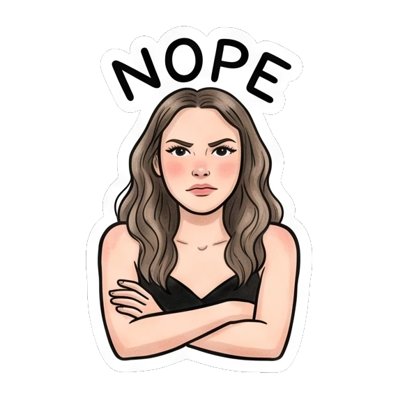 Angry girl with arms crossed, text NOPE Daily Moods of a Girl sticker for expressive chats and social replies.