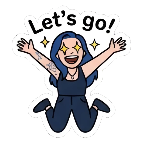 Joyful girl jumping with arms wide open saying Let's go. Blue Hair Girl Daily Life sticker for expressive chats and social replies.
