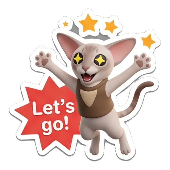 Sphynx cat jumping excitedly with stars and text Let's go! Sphynx Cat Moods sticker for expressive chats and social replies.