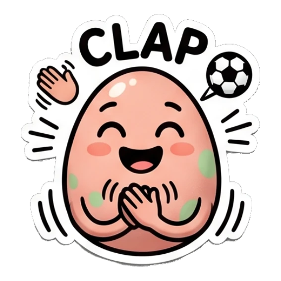Joyful spotted egg clapping hands, 'Clap' text. Spotted Egg Adventures sticker for expressive chats and social replies.