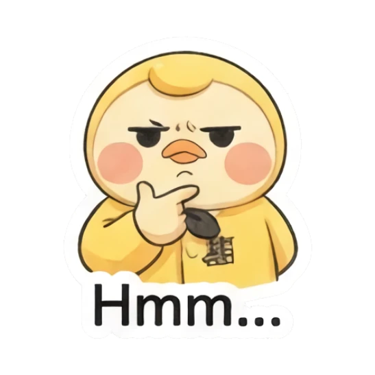 Thinking duckling with a finger on chin saying Hmm. Little Yellow Duckling Moods sticker for expressive chats and social replies.