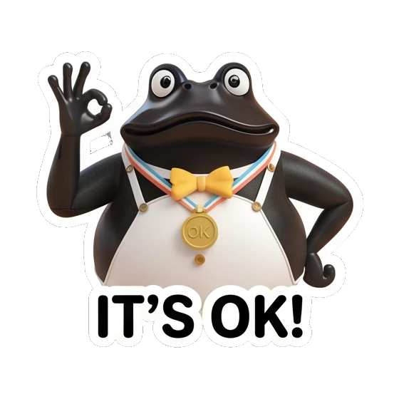 Formal frog making an OK gesture with a gold medal, text IT'S OK! Fancy Frog Sports Club sticker for expressive chats and social replies.