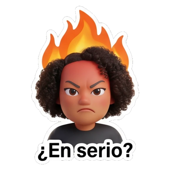 Curly hair girl looking angry with fire above her head and text ¿En serio? Curly Hair Girl Daily Vibes sticker for expressive chats and social replies.