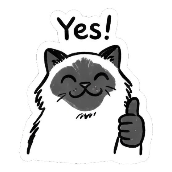 Happy Ragdoll cat giving a thumbs up, text 'Yes!' Ragdoll Cat Moods sticker for expressive chats and social replies.