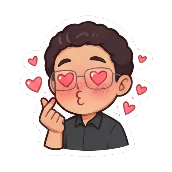 Curly-haired man blowing a kiss with heart symbols around him. Curly Haired Guy Expressions sticker for expressive chats and social replies.