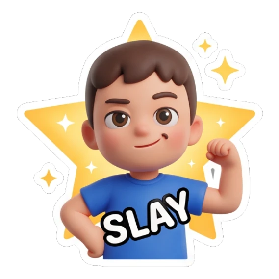 Boy flexing muscles with Slay text and star background Little Boy Daily Vibes sticker for expressive chats and social replies.
