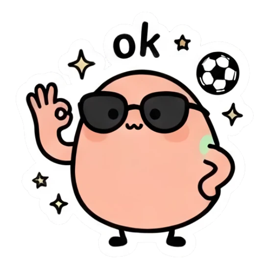 Egg character wearing sunglasses giving an OK sign with a soccer ball Doodle Egg Expressions sticker for expressive chats and social replies.