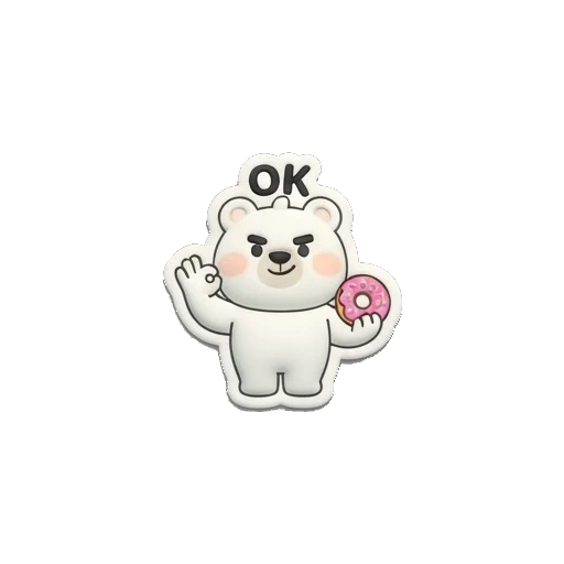 White bear holding a donut, giving an OK hand sign with a confident smile. Puffy Donut Bear sticker for expressive chats and social replies.