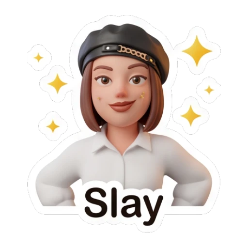Confident girl in beret posing with sparkles, text Slay. Chic Beret Girl sticker for expressive chats and social replies.