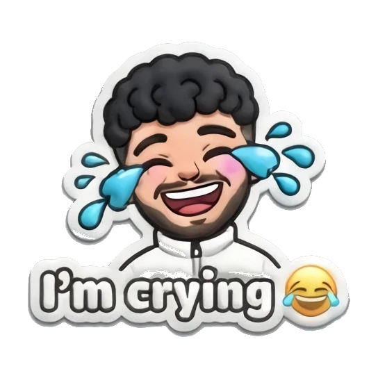 Man laughing with tears of joy and 'I'm crying' text Curly Hair Guy Daily Vibes sticker for expressive chats and social replies.