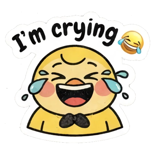 Laughing yellow chick crying tears of joy, text I'm crying. Gritty Retro Chick sticker for expressive chats and social replies.