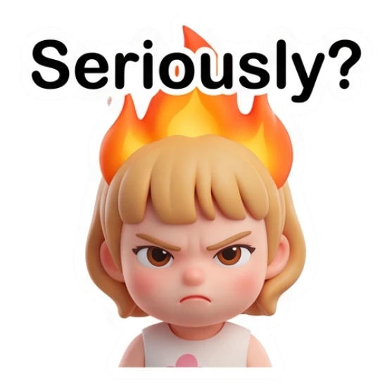 Blonde girl looking angry with flames above her head Blonde Girl Daily Vibes sticker for expressive chats and social replies.
