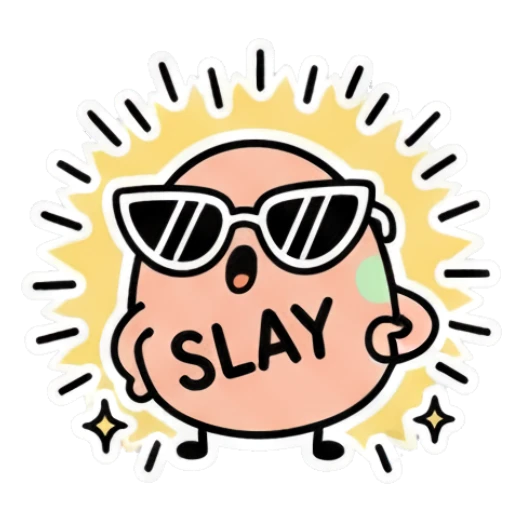 Pink egg character wearing sunglasses, text SLAY Little Pink Egg Adventures sticker for expressive chats and social replies.