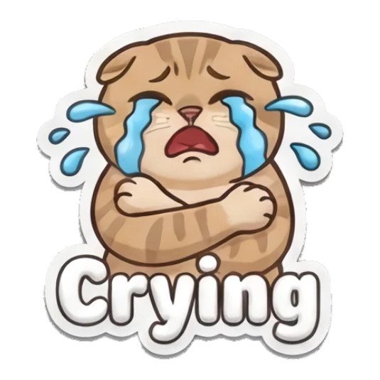 Crying tabby cat with arms crossed and 'Crying' text Puffy Tabby Cat Moods sticker for expressive chats and social replies.
