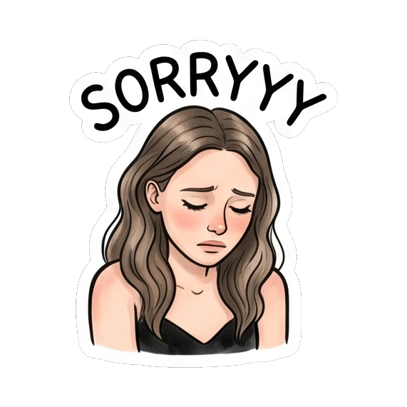 Apologetic girl looking down, text SORRYYY Daily Moods of a Girl sticker for expressive chats and social replies.