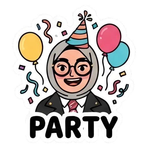 Hijabi student wearing party hat with balloons, PARTY text Hijabi Student Daily Life sticker for expressive chats and social replies.