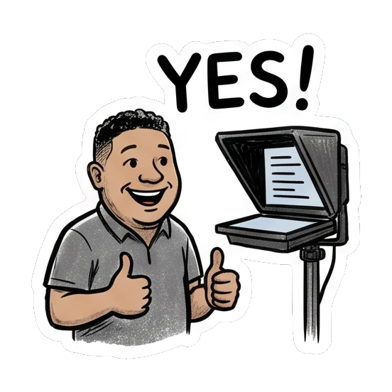 Photographer giving two thumbs up next to a teleprompter Studio Life Guy sticker for expressive chats and social replies.