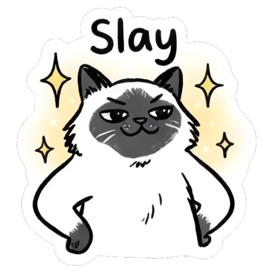 Confident Ragdoll cat with hands on hips, text 'Slay' Ragdoll Cat Moods sticker for expressive chats and social replies.