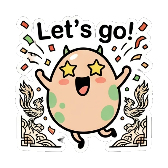 Excited egg with star eyes jumping for joy saying Let's go. Little Spotted Egg Emotions sticker for expressive chats and social replies.