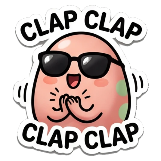 Pink egg wearing sunglasses clapping hands with text CLAP CLAP Pinky Egg Expressions sticker for expressive chats and social replies.