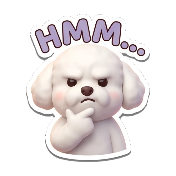Bichon thinking with a hand on chin, Hmm text Bichon Buddy Daily Vibes sticker for expressive chats and social replies.