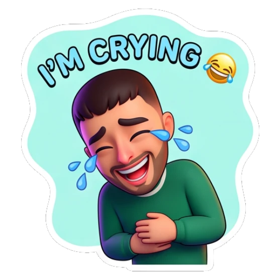 Guy laughing hysterically with tears and I'm Crying text Cheerful Guy Daily Vibes sticker for expressive chats and social replies.