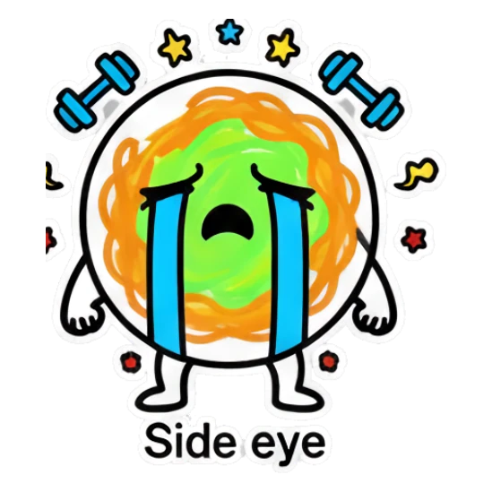 Noodle character crying with dumbbells and 'Side eye' text Noodle Buddy Emotions sticker for expressive chats and social replies.