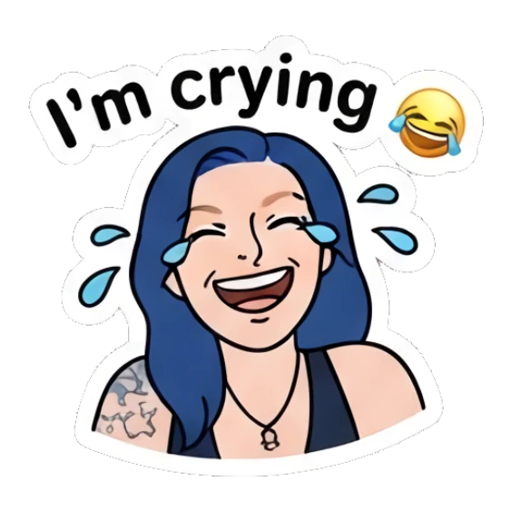 Laughing girl with tears of joy saying I'm crying. Blue Hair Girl Daily Life sticker for expressive chats and social replies.