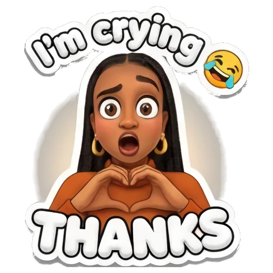 Young woman making a heart shape with hands, crying tears of joy, text 'I'm crying' and 'THANKS' Vibrant Afro-Style Expressions sticker for expressive chats and social replies.
