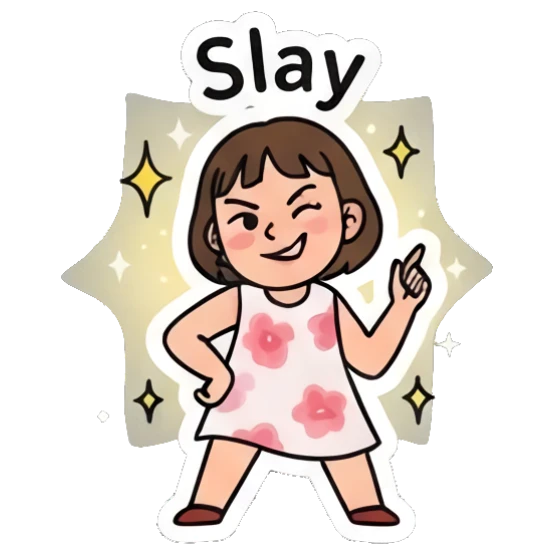 Girl posing confidently with hand on hip, text Slay Cheerful Girl Daily Vibes sticker for expressive chats and social replies.