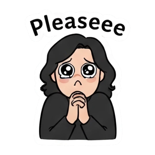 Long-haired man with pleading eyes and hands together. Long-Haired Guy Daily Vibes sticker for expressive chats and social replies.