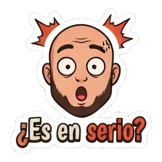 Bald man looking shocked with spiky hair effect, text Es en serio Bald Guy Daily Vibes sticker for expressive chats and social replies.
