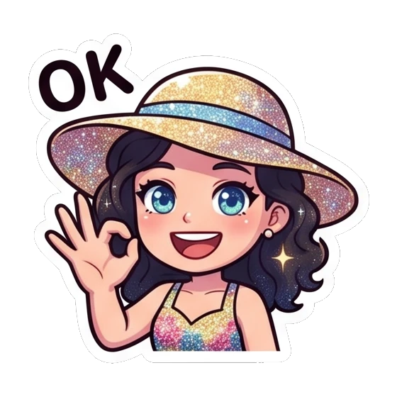 Girl wearing a sun hat making an OK gesture Sparkly Curly Girl Daily sticker for expressive chats and social replies.
