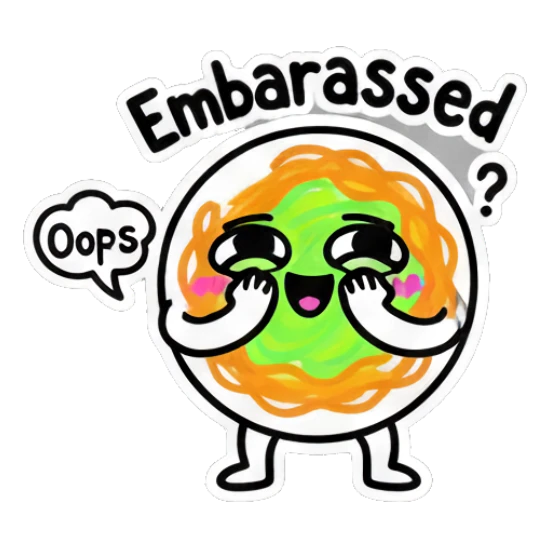Noodle character blushing and embarrassed with text 'Oops' Scribble Noodle Pals sticker for expressive chats and social replies.