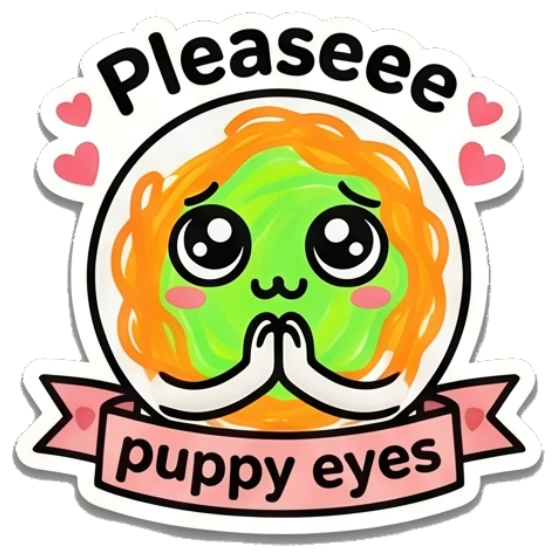 Pleading spaghetti character with puppy eyes and 'Pleaseee' text. Spaghetti Buddy Expressions sticker for expressive chats and social replies.