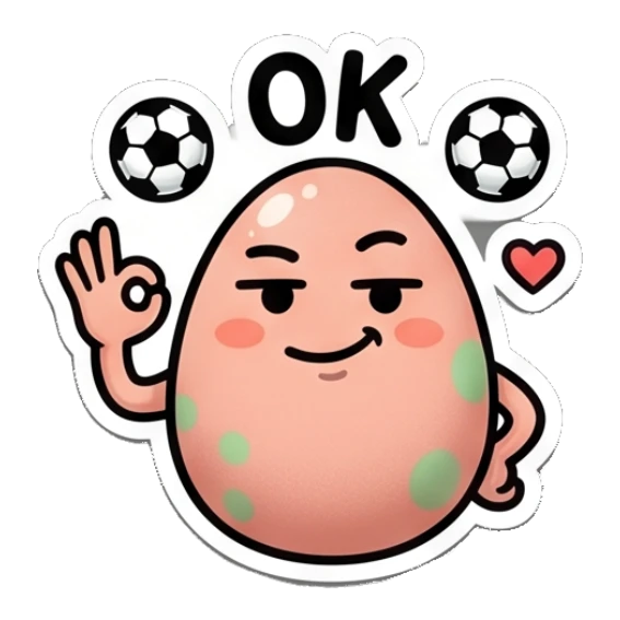 Spotted egg giving an OK sign with soccer balls, calm expression. Spotted Egg Adventures sticker for expressive chats and social replies.