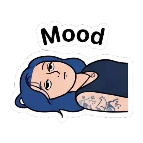 Tired girl lying down on the floor looking bored saying Mood. Blue Hair Girl Daily Life sticker for expressive chats and social replies.