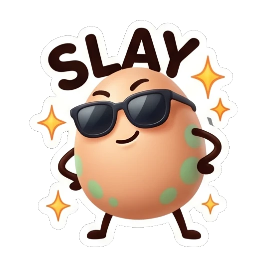 Spotted egg with sunglasses posing confidently, text SLAY Cool Spotted Egg Expressions sticker for expressive chats and social replies.