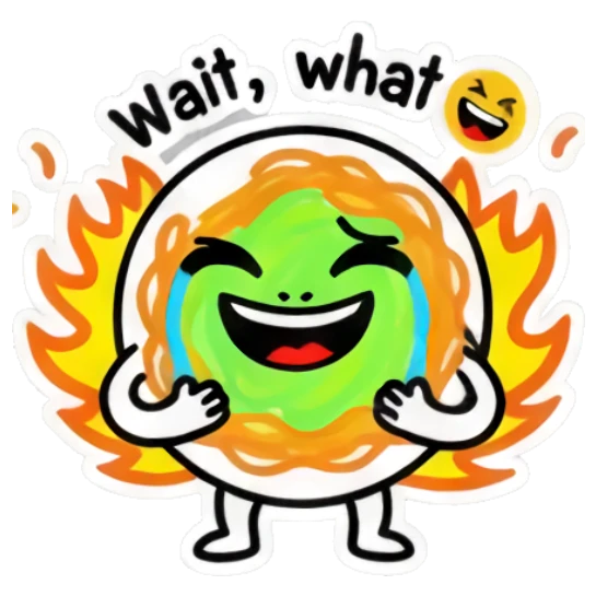 Happy noodle character with flames and 'Wait, what' text. Spicy Noodle Moods sticker for expressive chats and social replies.