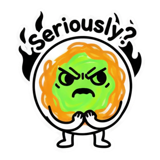 Noodle character looking angry with 'Seriously?' text Noodle Doodle Pals sticker for expressive chats and social replies.