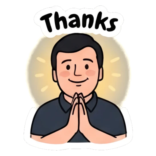 Man with hands together in gratitude saying Thanks. Everyday Office Guy sticker for expressive chats and social replies.