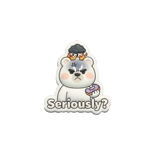 White bear looking angry with a storm cloud overhead, holding a donut, text says Seriously. Puffy Donut Bear sticker for expressive chats and social replies.